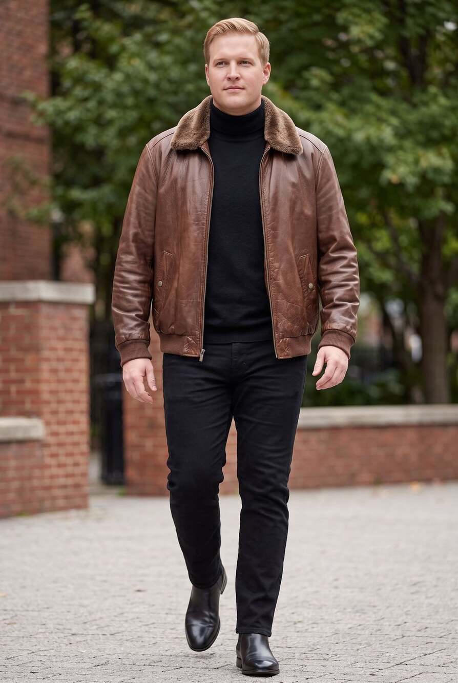 Abrams Leather Bomber Jacket Brown Shearling Collar